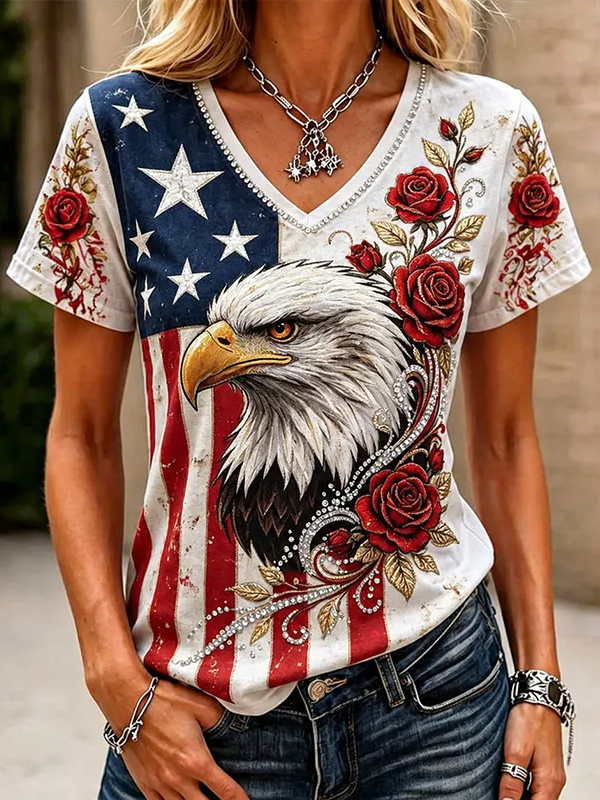 Women's American Flag Bald Eagle Rose Print Casual V Neck T-Shirt