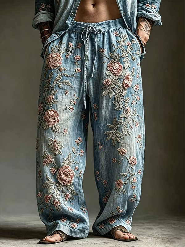 Men's Vintage Boho Pink Floral Printed Casual Pants