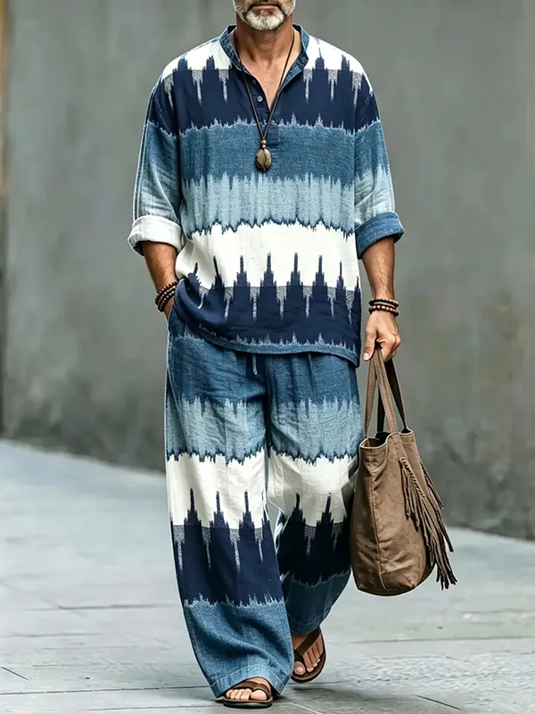 Men's Resort-Style Geometric Tie-Dye Art Print Half Button Long Sleeve Shirt Pants 2pcs Set