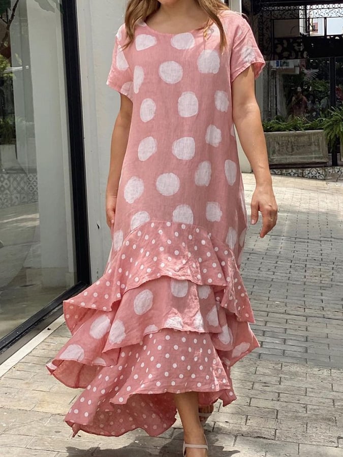 Women's Cotton Linen Polka Dot Print Panel Dress