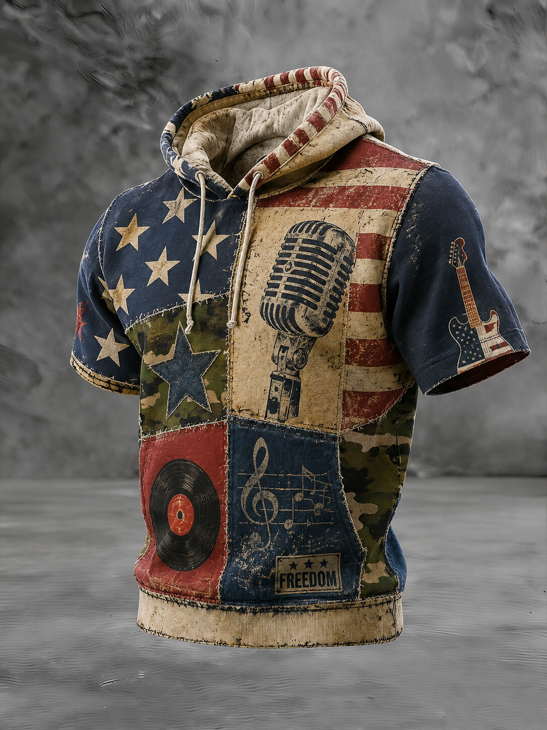 Men's USA Flag Rock Music Patchwork Art Print Hooded T-Shirt