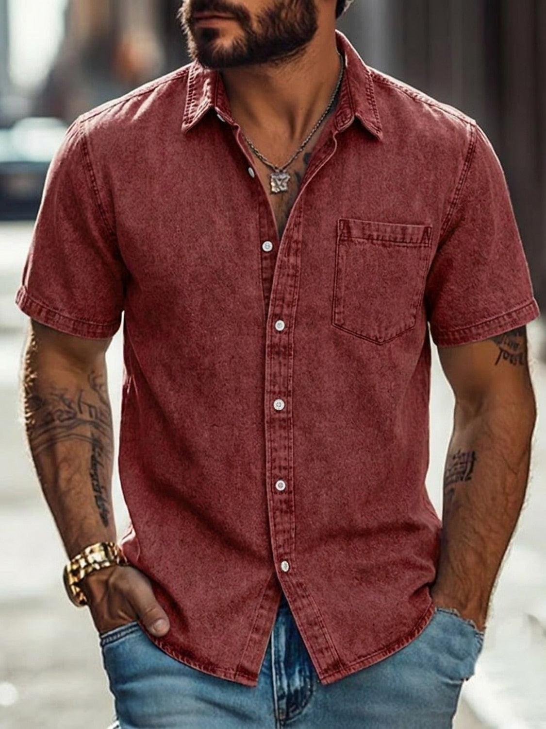 American Flag Retro Washed Cotton Shirt 4th of July Short Sleeve Detail