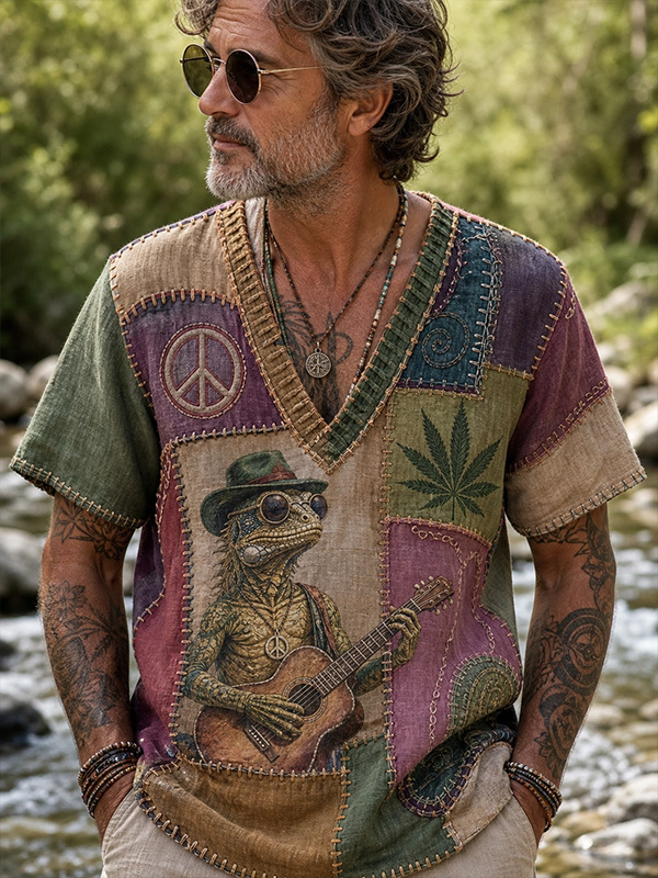 Men's Hippie Patchwork Lizard Guitar Art Print V Neck T-Shirt