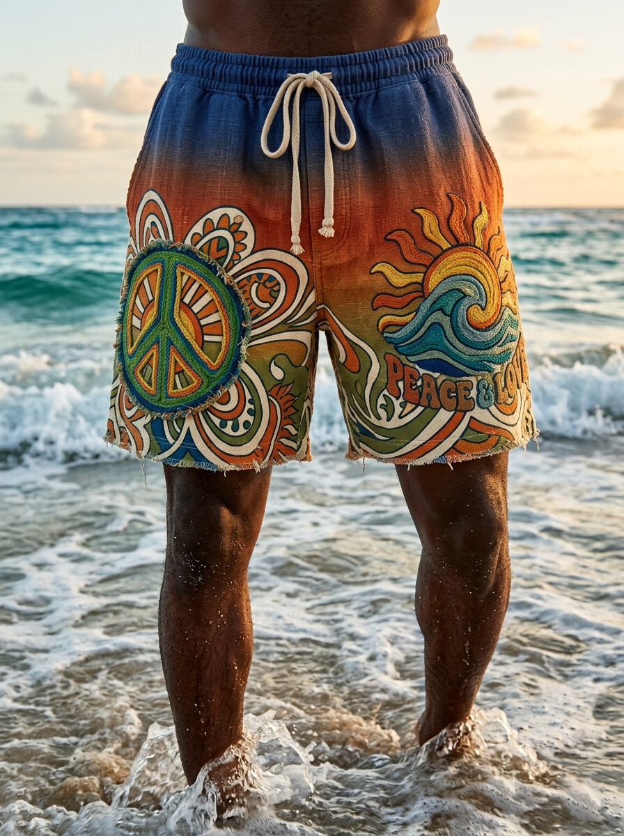 Men's Peace & Love Gradient Sun Wave Hippie Tie-Dye Art Print Casual Shorts