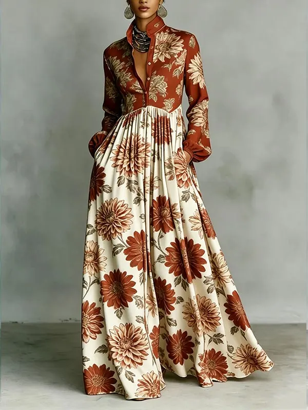 Women's Colorblock Floral Print Long Sleeve Maxi Dress