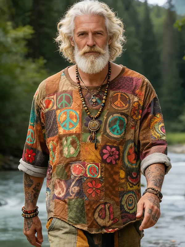 Men's Hippie Art Peace Sign Print Long Sleeve T-Shirt