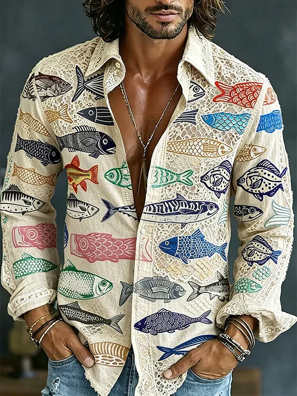 Men's Japanese Art Carp Streamer Graphic Lace Print Long Sleeve Shirt