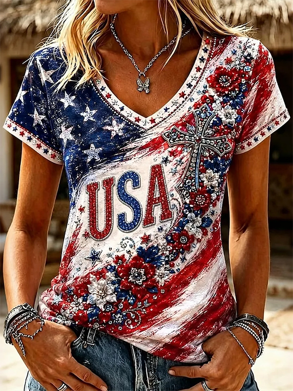 Women's USA Flag Floral Cross Print Casual V Neck T-Shirt