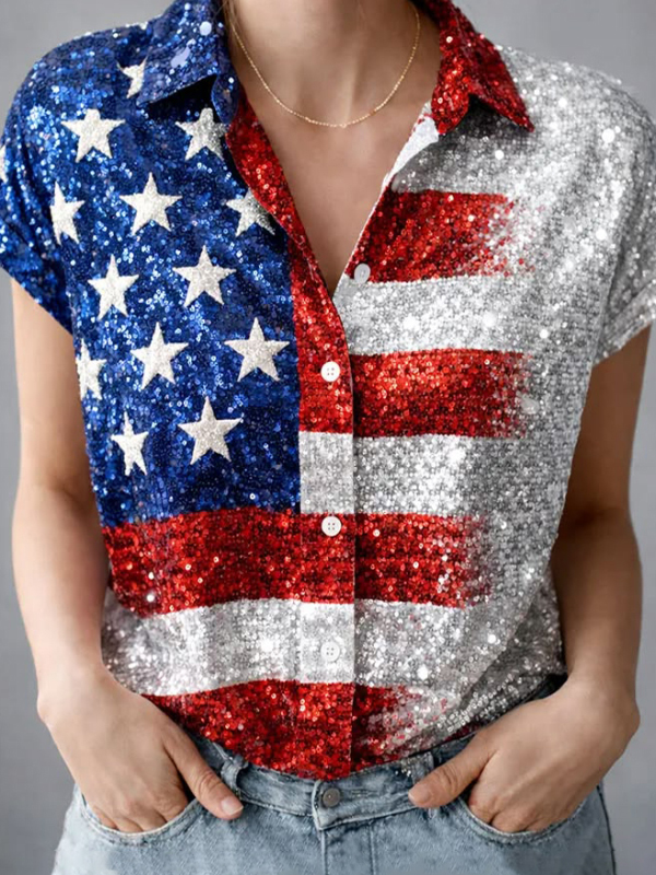 Women's American Flag Stars Sequin Print Short Sleeve Shirt