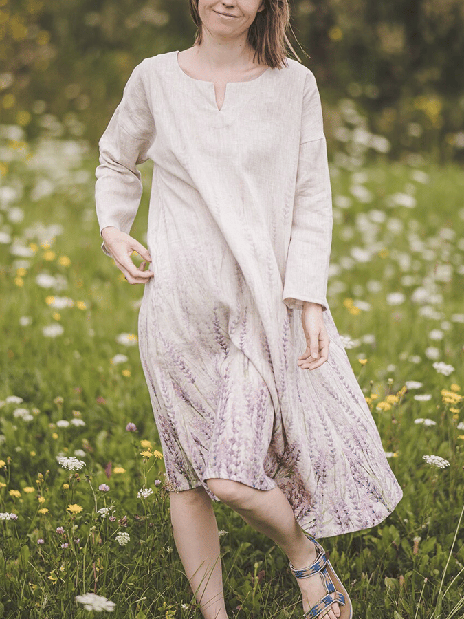 Women's Lavender Print Linen Dress