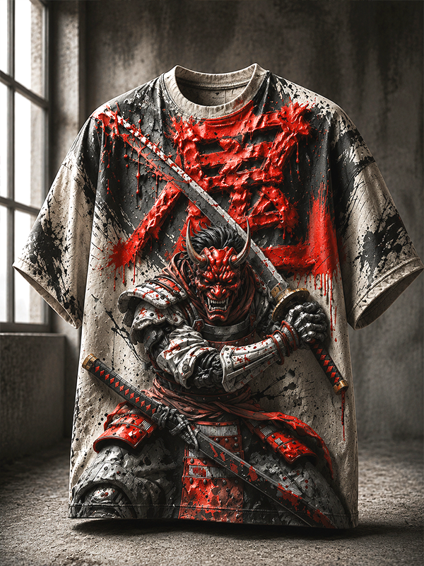 Men's Japanese Samurai Oni Demon Katana Blood Splatter Print T-Shirt