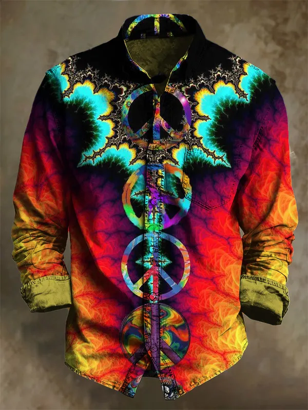 Men's Tie Dye Peace Symbol Gradient Art Print Pocket Long Sleeve Shirt