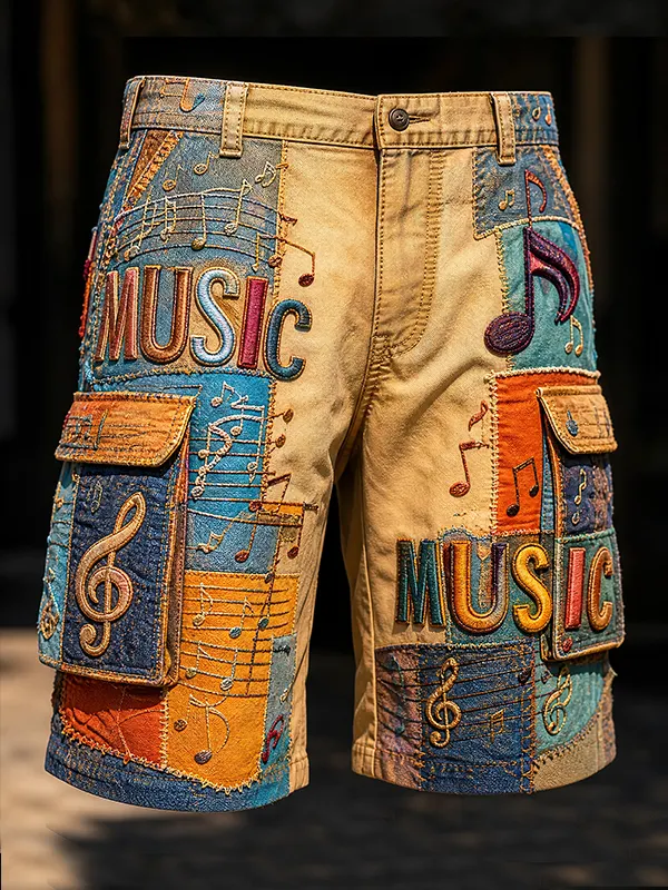 Men's Patchwork Music Note Art Print Casual Shorts