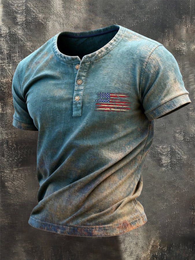 Men's Retro Gradient Independence Day Flag Art Print Casual V Neck Button T-Shirt