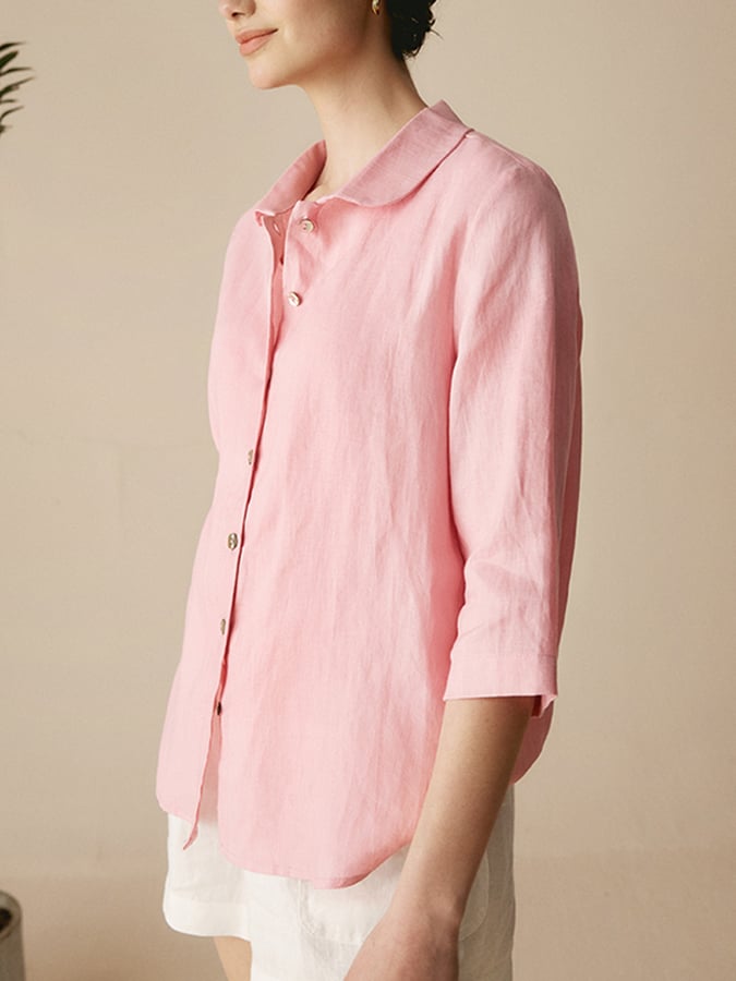 Women'S Linen Casual Peter Pan Collar 3/4 Sleeve Shirt