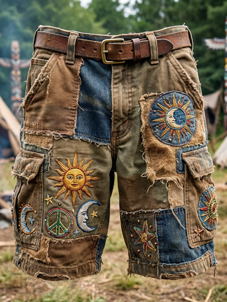 Men's Hippie Sun Moon Patchwork Art Peace Sign Print Cargo Shorts
