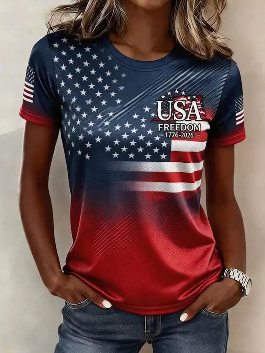 Women's USA Freedom 1776-2026 Gradient American Flag Star Stripe Art Print Casual T-Shirt