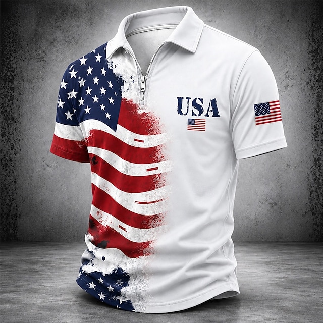 250th Anniversary American Flag Zip Polo Shirt Men's 4th of July 2026 Short Sleeve - White 2XL