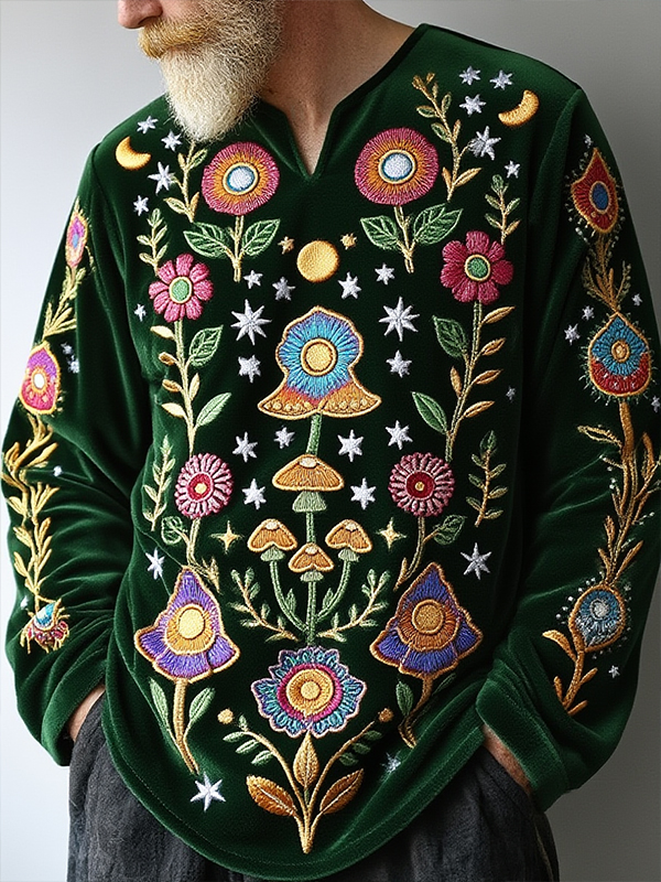 Men's Boho Hippie Flowers Art Print V Neck Long Sleeve T-Shirt