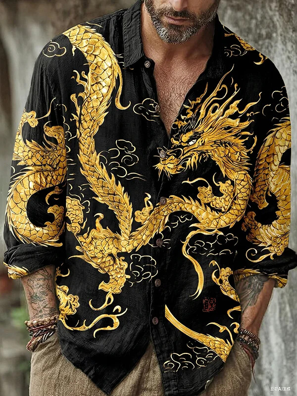 Men's Gold Dragon Print Long Sleeve Shirt