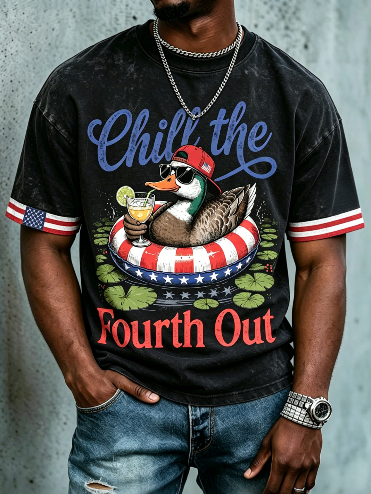 Men's Chill The Fourth Out Mallard Duck Pool Party Print T-Shirt
