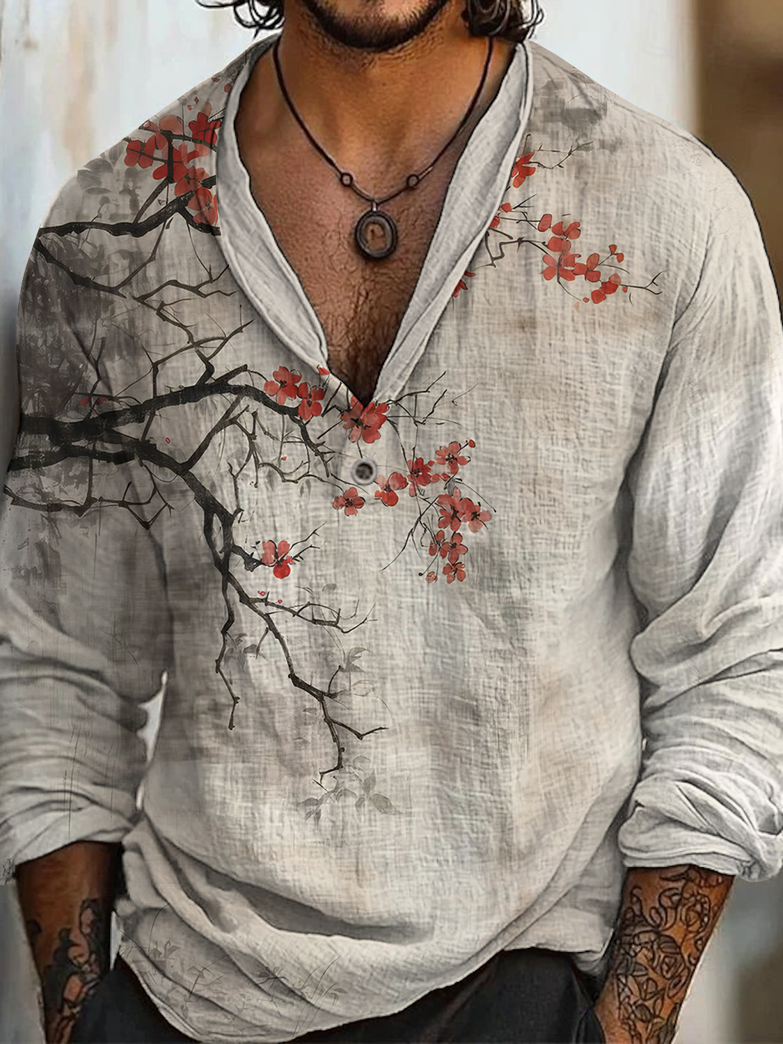 Men's Japanese Cherry Blossom Art Print Long Sleeve Shirt