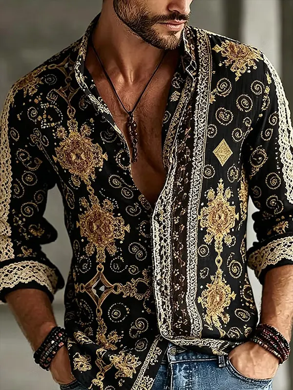 Men's Vintage Paisley Ornate Print Long Sleeve Shirt