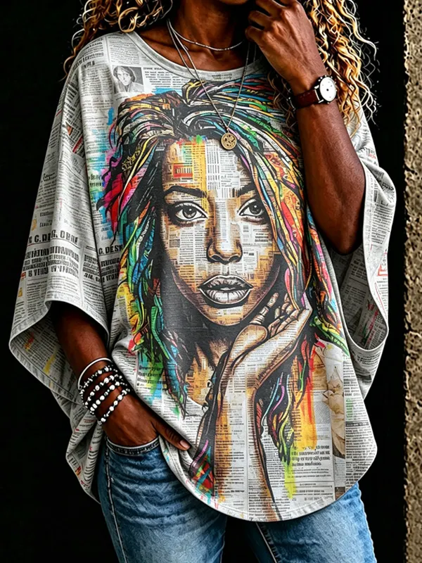 Women's Colorful Dreadlocks Woman Newspaper Print Long Sleeve T-Shirt