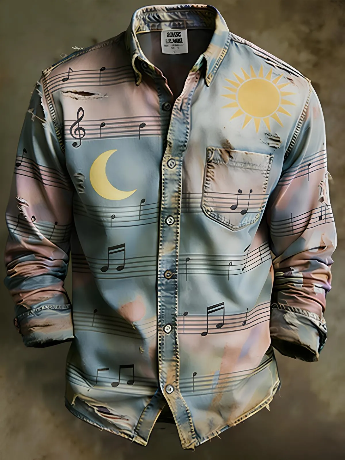 Men's Musical Notes Sun and Moon Print Long Sleeve Shirt