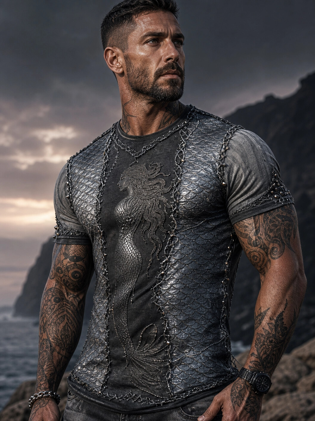 Men's Mermaid and Scale Print Casual T-Shirt