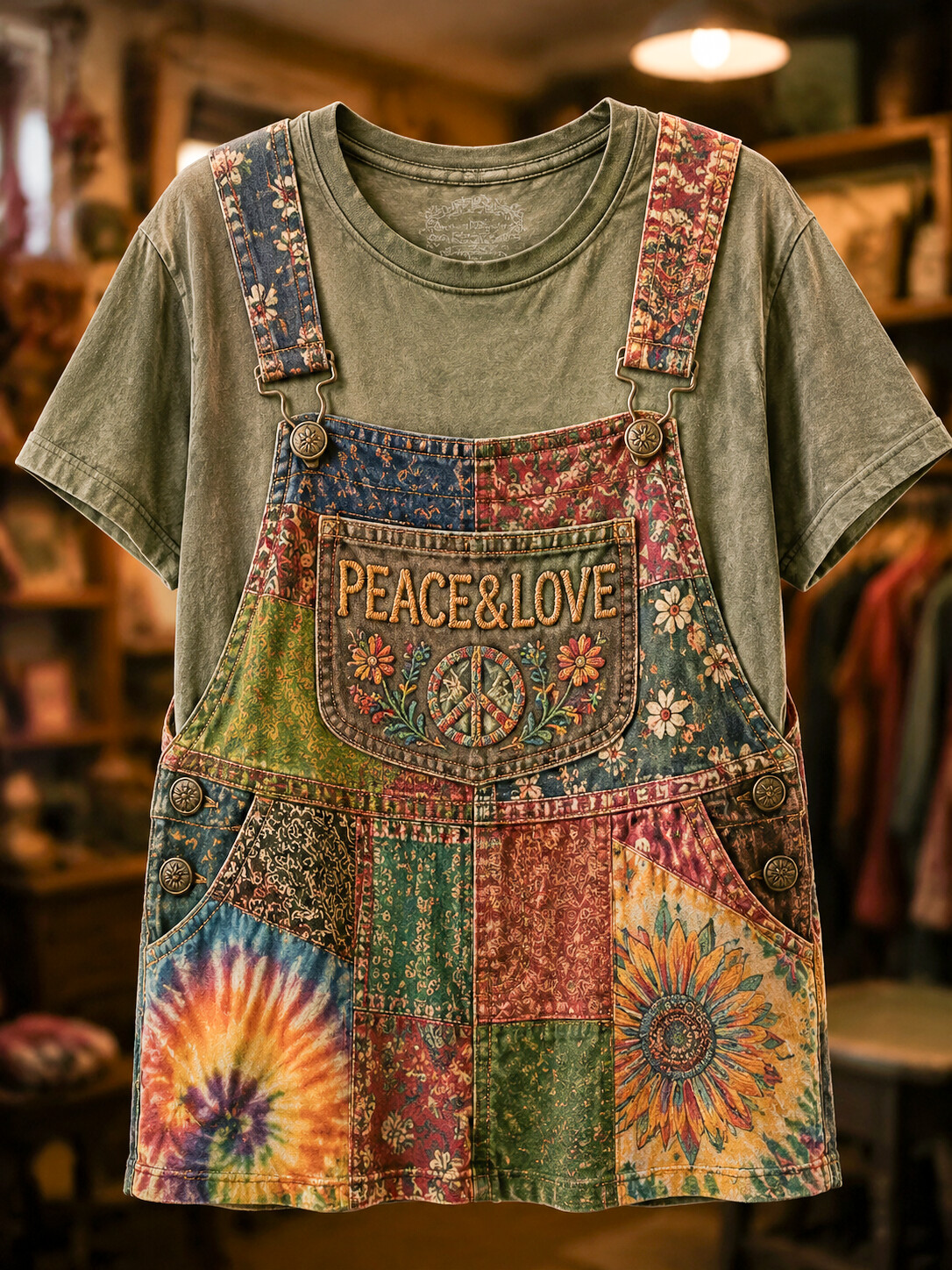 Men's Fake Two-Piece Hippie Patchwork Art Print T-Shirt