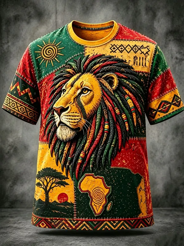 Men's African Lion Patchwork Tribal Art Print T-Shirt