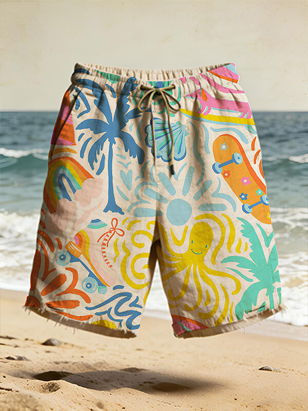 Men's Cute Cartoon Beach Octopus Skateboard Print Shorts