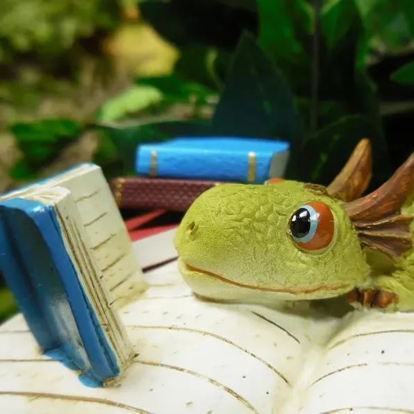Miniature Green Dragon Reading on Giant Book Figurine