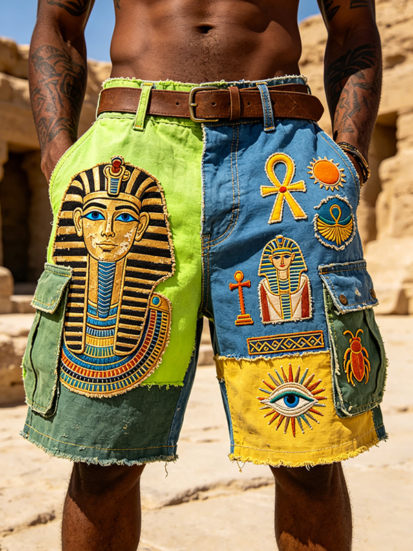 Men's Ancient Egyptian Pharaohs In Color Print Denim-Like Cargo Shorts