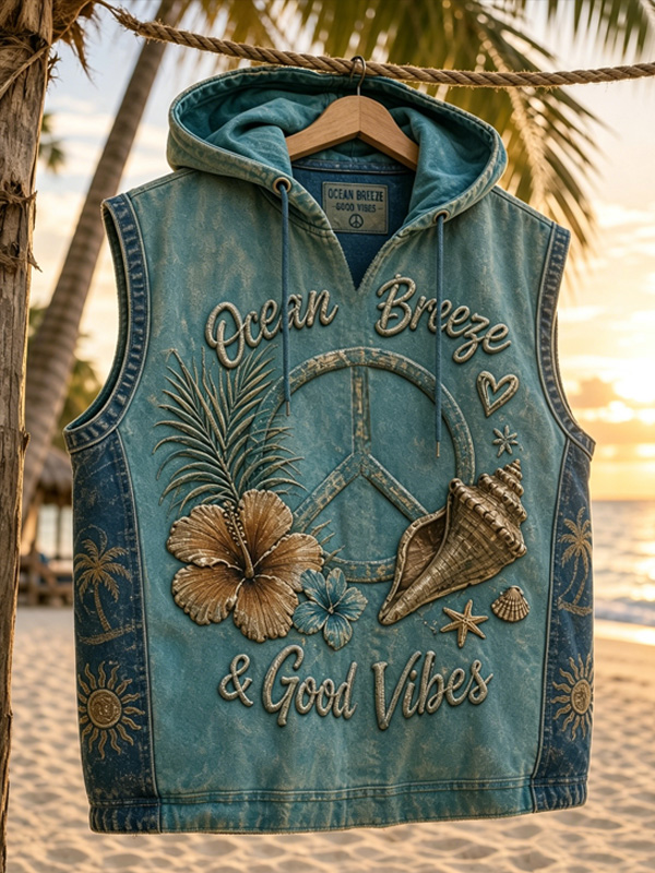 Men's Hibiscus Ocean Breeze and Good Vibes Peace Sign Print Hooded Tank Top