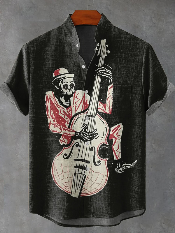 **Red, White & Rockstar: Men's Fun Abstract Skull Music Art Print Short Sleeve Linen Blend Shirt**