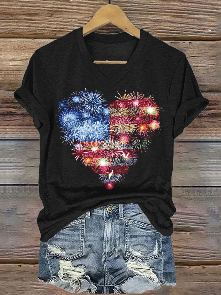 **Unite in Freedom: 4th of July American Flag Fireworks Heart T Shirt**