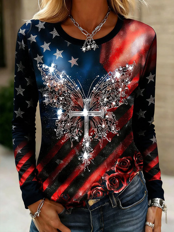 Women's American Flag Cross Butterfly Rhinestones Art Print Long Sleeve T-Shirt