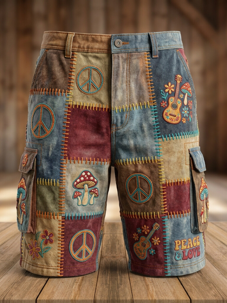 Men's Peace And Love Mushroom Guitar Patchwork Hippie Print Casual Shorts
