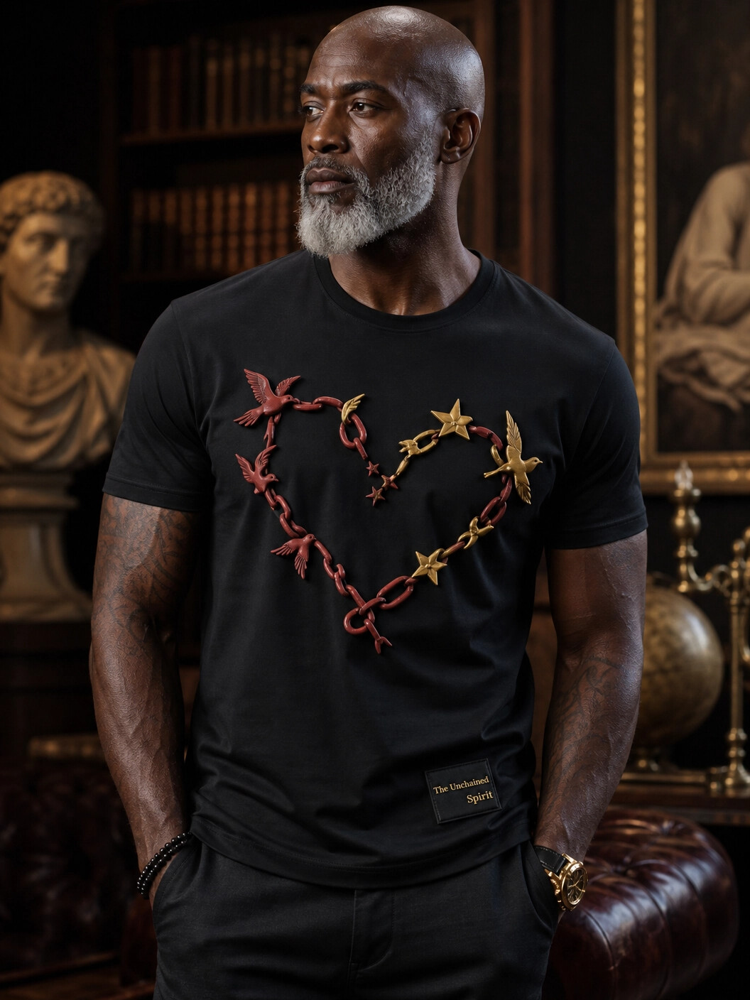 Men's The Unchained Spirit Birds Stars Heart Shaped Chain Print Casual T-Shirt