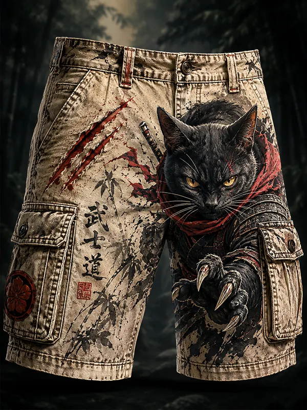 Men's Black Cat Samurai Japanese Ink Art Print Casual Shorts