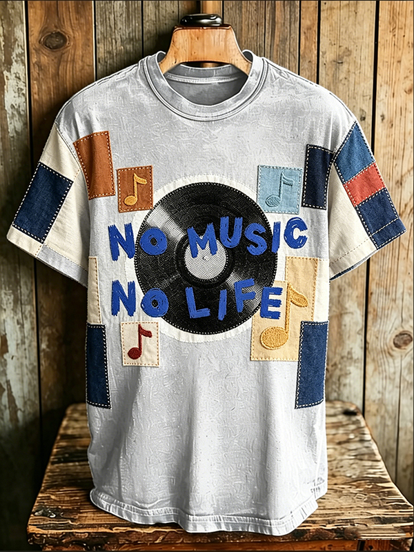 Men's Colorblock No Music No Life Musical Symbols Vinyl Record Print T-Shirt