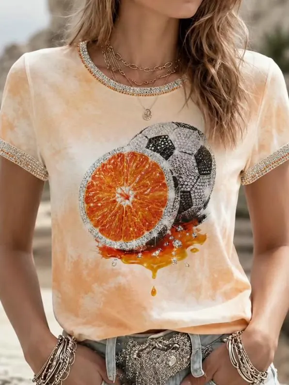 Women's Tie Dye Rhinestone Soccer Art Print Casual T-Shirt