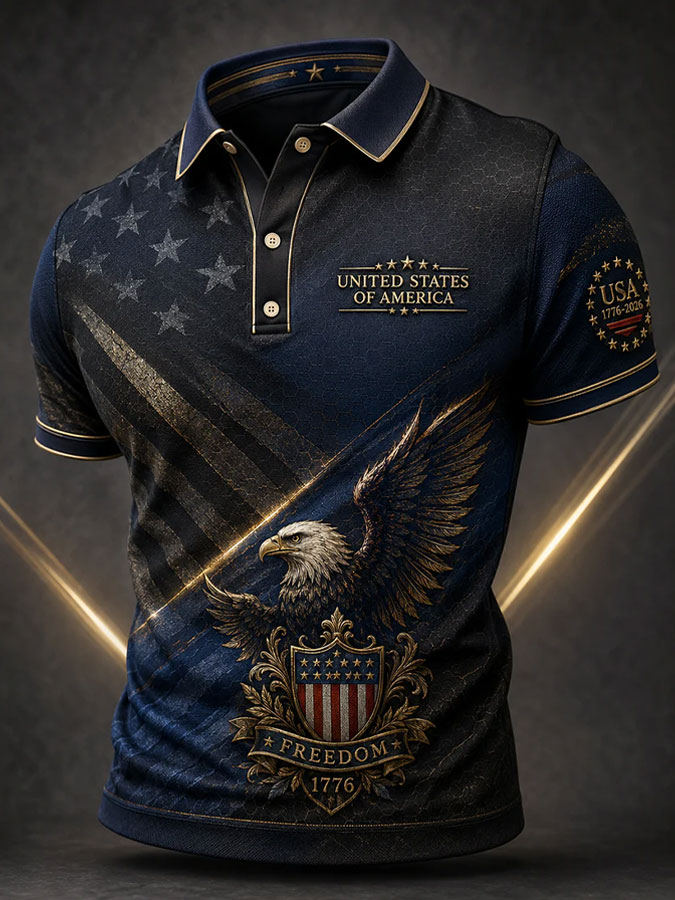 Men's America Flag Print Casual Polo Shirt