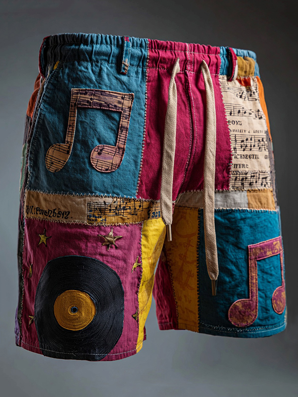 Men's Retro Musical Notes And Record Patchwork Patterns Art Print Casual Shorts
