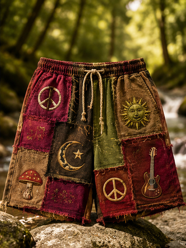 Men's Retro Sun Guitar Geometric Patchwork Peace Hippie Art Print Casual Shorts