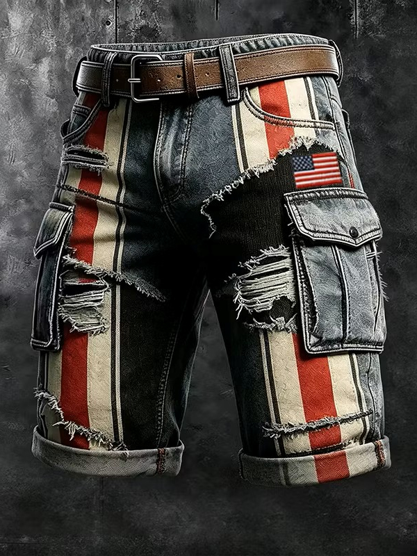 Men's Vintage American Flag Striped Distressed Art Print Casual Shorts