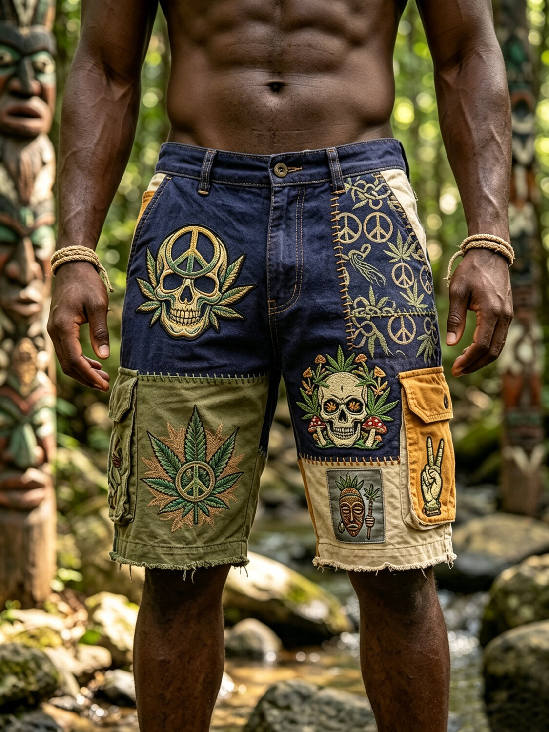 Men's Hippie Peace Sign Skull Leaf Graphic Print Cargo Shorts