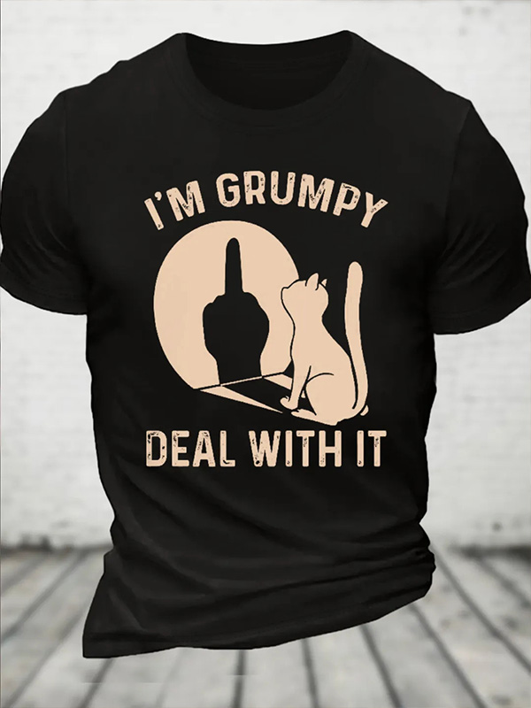 Men's I'm Grumpy Deal With It Cat Middle Finger Retro Art Print T-Shirt
